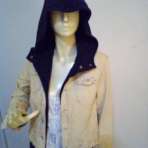 Free People distressed denim jacket with hooded fleece lining, size P/S